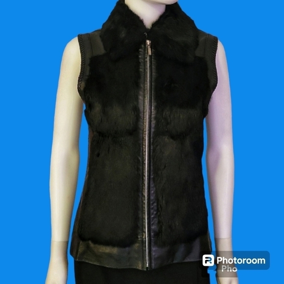 Cripple Creek Jackets & Blazers - Vtg CRIPPLE CREEK Western Black Fur Leather Zipper Gilet Waistcoat Moto Vest